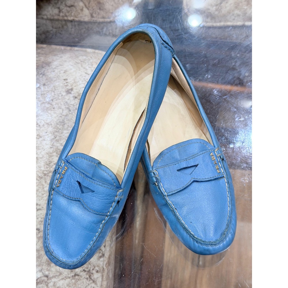 Prada Blue Saffiano Leather Driving Loafers Penny Moccasins Gold Logo Mens Shoes
